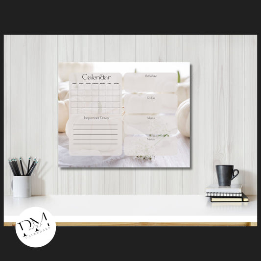 Acrylic Wall Calendar. White pumpkins and babies breath floral in background with a Blank Calendar and important dates section to the right and 4 separate sections to left for Schedule, To-Do, Menueand Notes