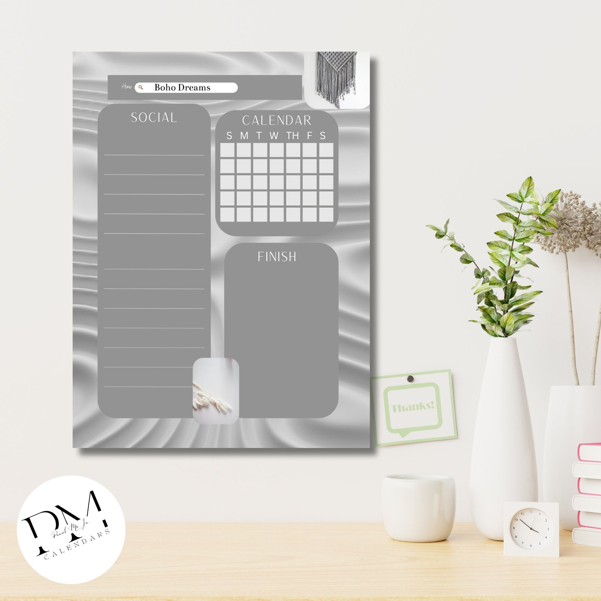 Acrylic Monthly Calendar, Boho Style, Acrylic Calendar, Hanging Wall Calendar, Grey Minimalist Planner, Office Planner, Social Media Planner