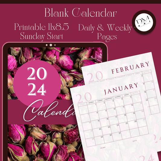 2024 Rose Calendar, Natural Aesthetic Calendar, Daily Weekly Calendar, 12 Monthly Calendar, Printable Calendar, Download Yearly Calendar