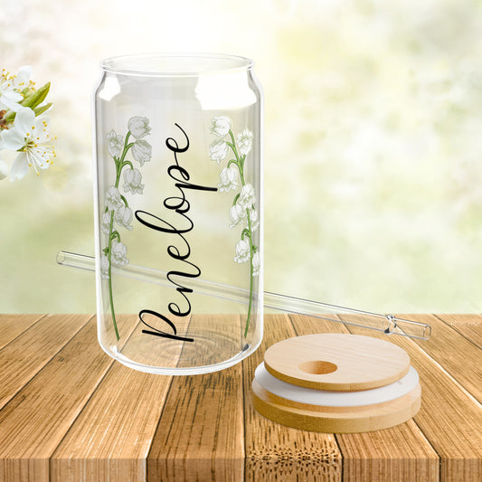 Personalized Birth Flower Libbey Glass Sipper Cup May Birthday Lily of The Valley Flowers