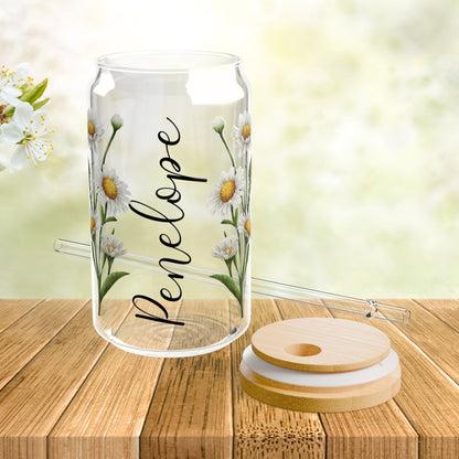 Personalized Birth Flower Libbey Glass Sipper Cup April Birthday Daisy Flowers