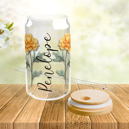 Personalized Birth Flower Libbey Glass Sipper Cup October Birthday Marigold Flower