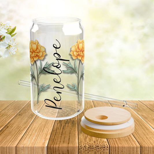 Personalized Birth Flower Libbey Glass Sipper Cup October Birthday Marigold Flower