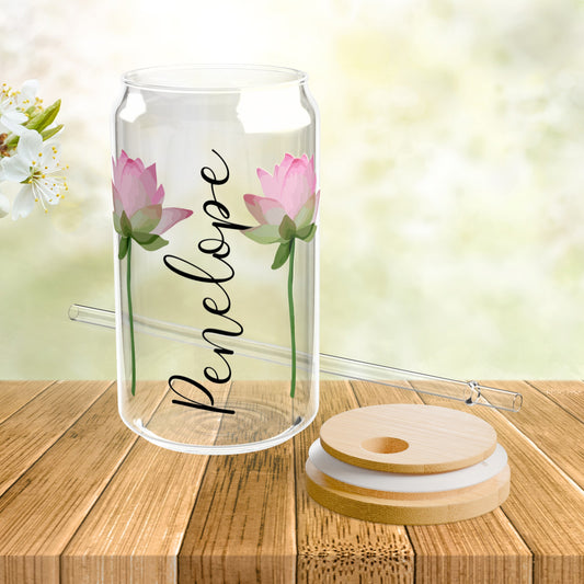 Personalized Birth Flower Libbey Glass Sipper Cup July Birthday Water Lily Flower