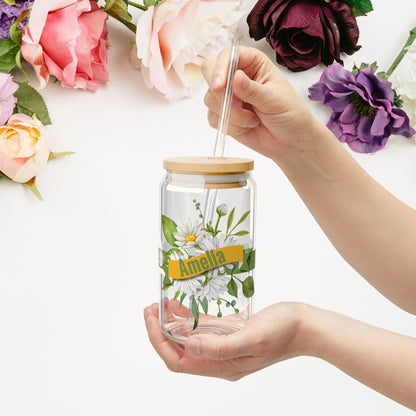 Personalized Birth Flower Libbey Glass Sipper Cup April Birthday Daisy Flowers