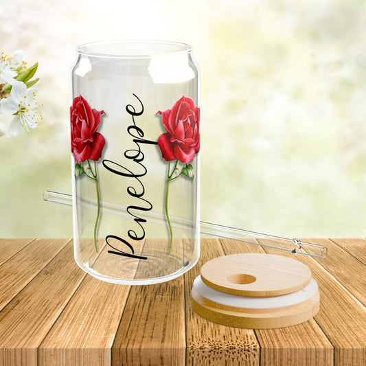 Personalized Birth Flower Libbey Glass Sipper Cup June Birthday Rose Flowers