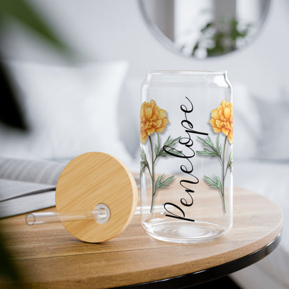 Personalized Birth Flower Libbey Glass Sipper Cup October Birthday Marigold Flower