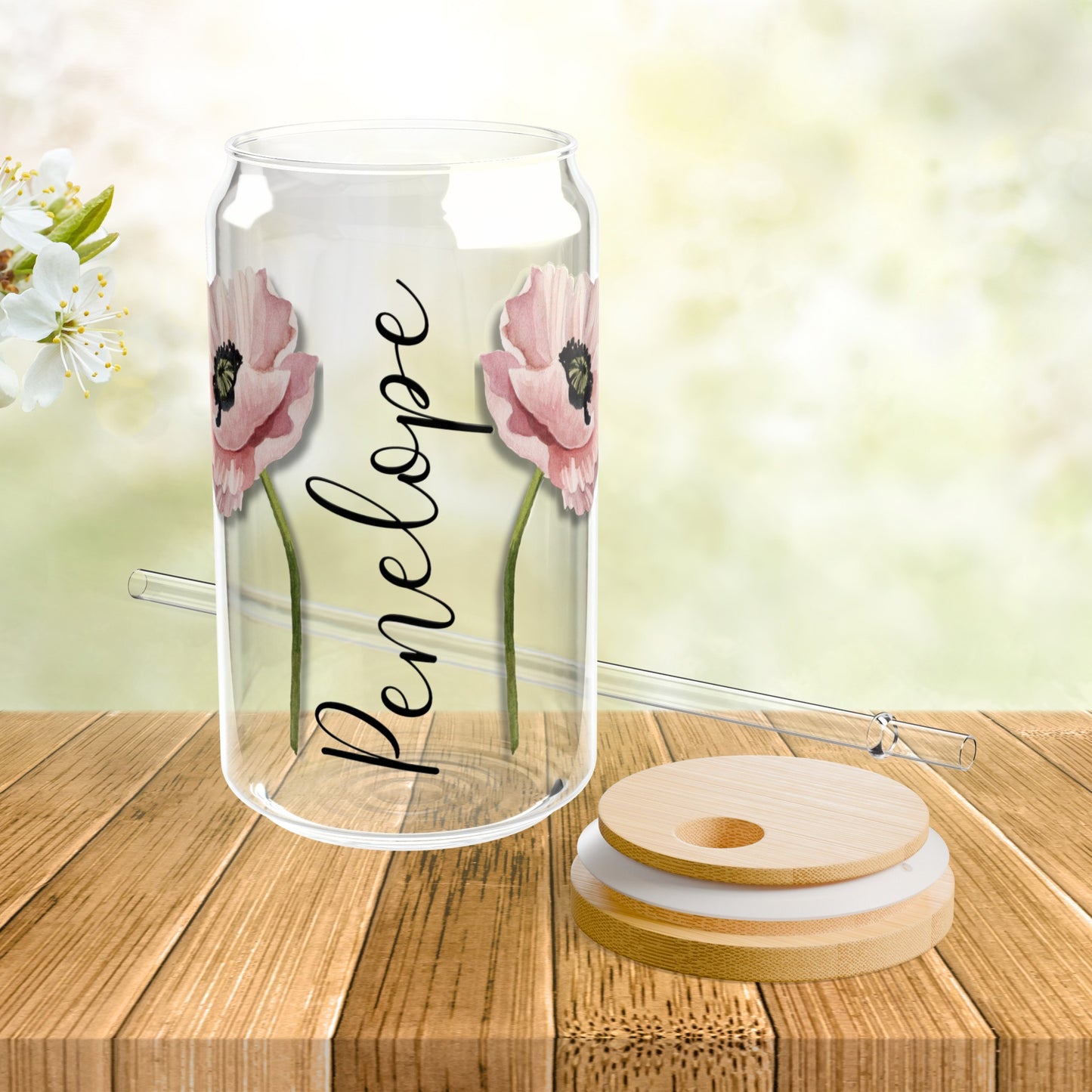 Personalized Birth Flower Libbey Glass Sipper Cup August Birthday Poppy Flower