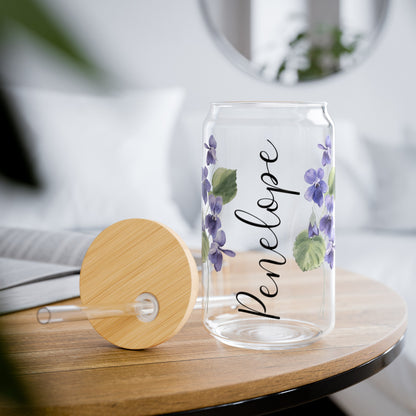 Personalized Birth Flower Libbey Glass Sipper Cup February Birthday Violet Flowers