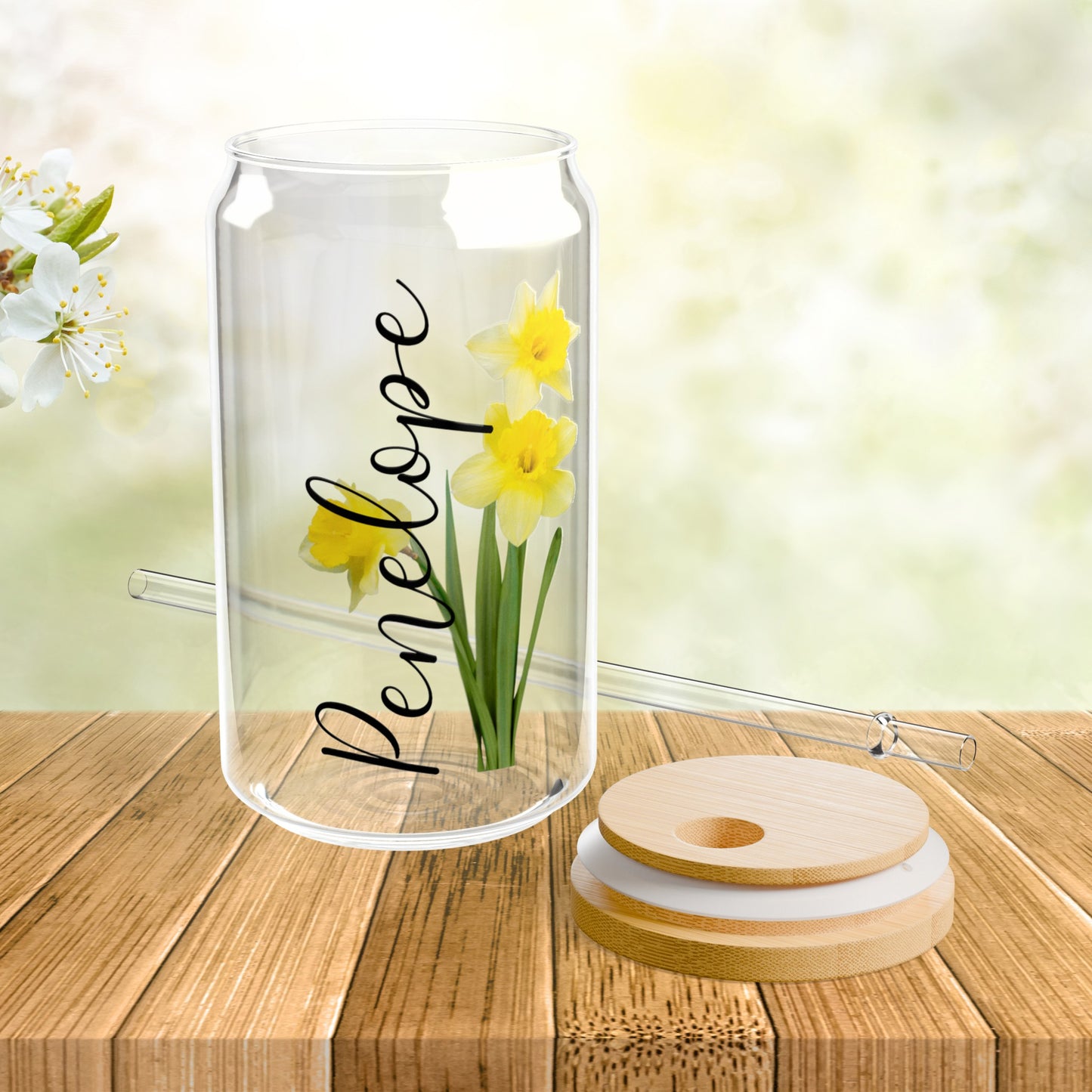 Personalized Birth Flower Libbey Glass Sipper Cup March Birthday Daffodil Flowers