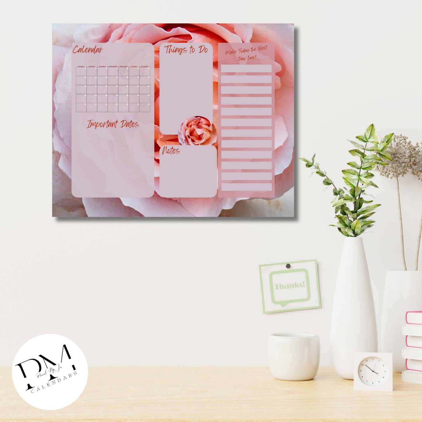 Acrylic Wall Calendar, Floral Calendar, Botanical Calendar, Everyday Calendar, Daily To-Do's, 2024 Planner, Blank Calendar, Pink Rose Notes