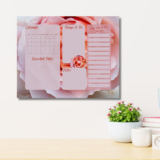 Pink Rose Acrylic Wall Calendar. Has a Blank Calendar to the left with a place for things to do and note in the middle and a list for extras to the right.