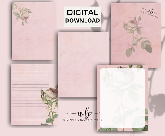 Pink Vintage Botanical Paper, Writing Paper, Lined Paper Pages, Digital Printable Paper, Printable Stationary, Floral Paper A4, Shabby Rose