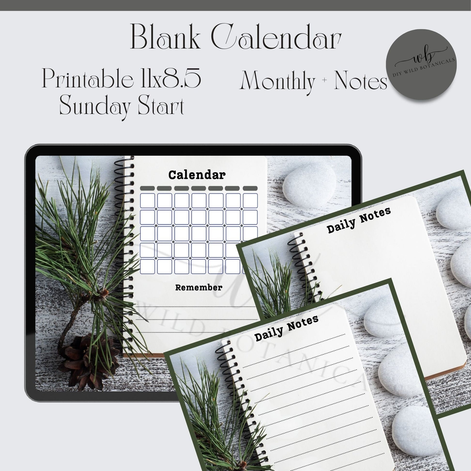 Blank Floral Calendar, Weekly Printable Pages, Printable Calendar Notes, Digitaldownload, Digital-Pages, Everyday Calendar, Multiple Sizes