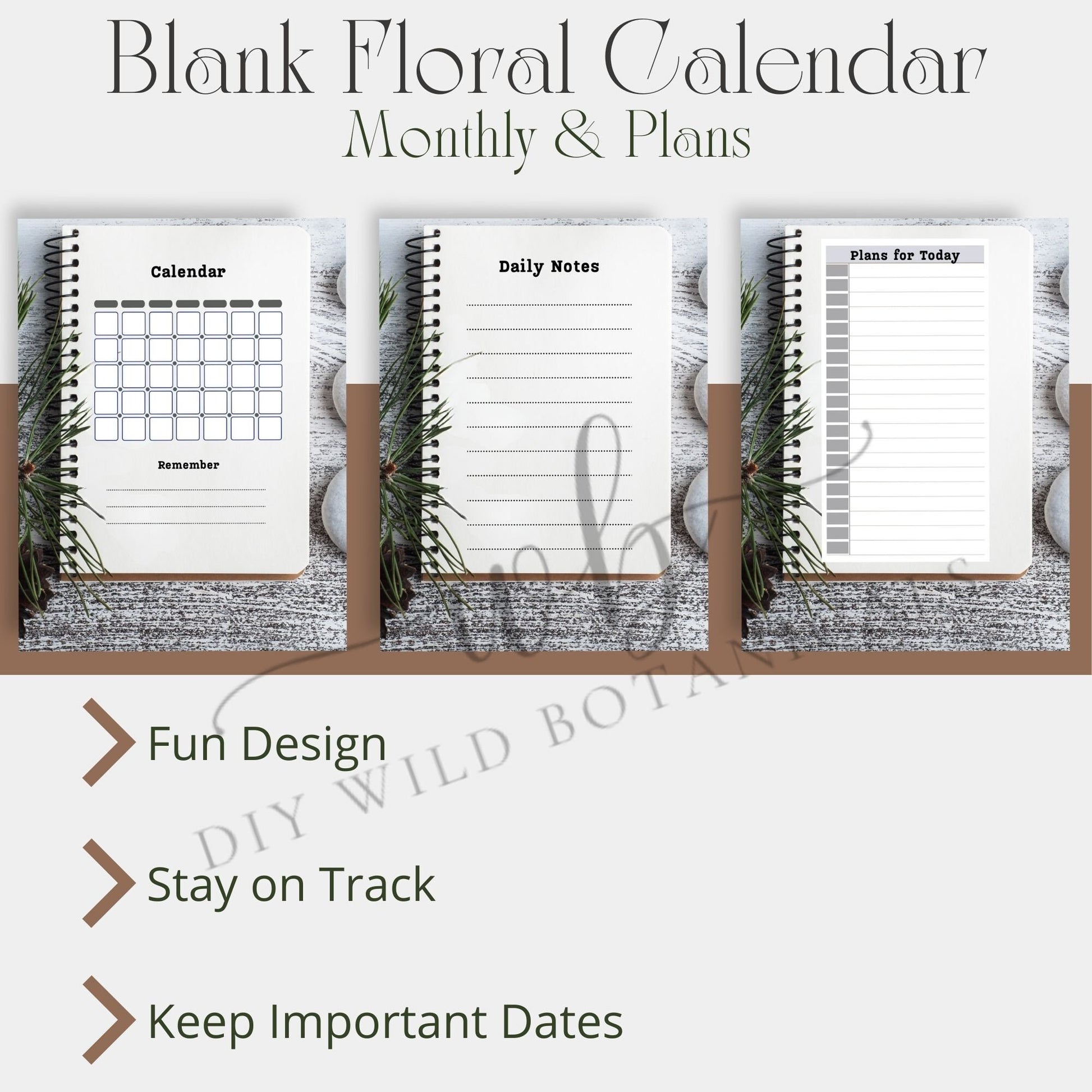 Blank Calendar, Weekly Printable Pages, Printable Calendar Notes, Digitaldownload, DigitalPages, Everyday Calendar, Multiple Sizes Zen Style
