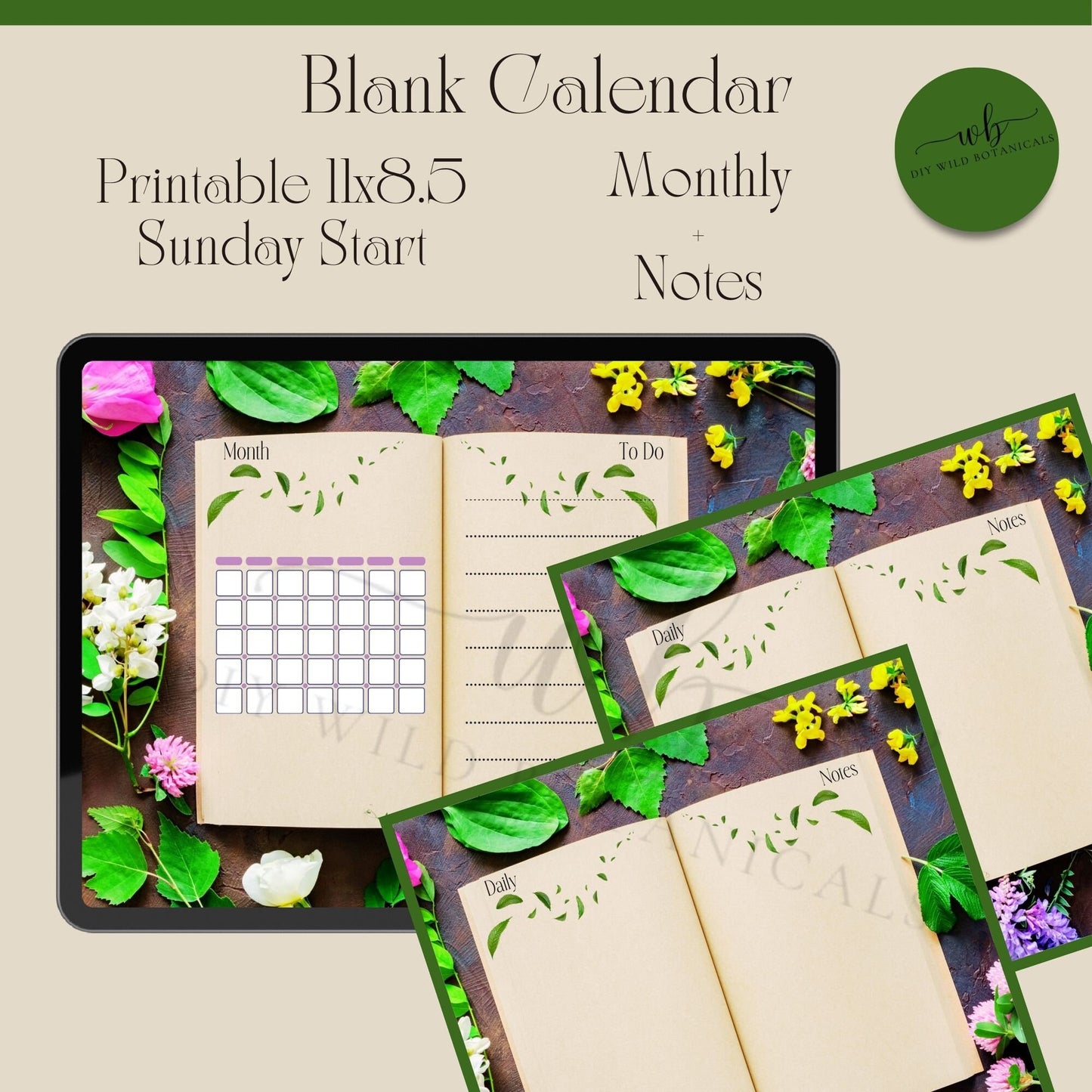Blank Floral Calendar, Weekly Printable Pages, Printable Calendar Notes, Digitaldownload, Digital-Pages, Everyday Calendar, Multiple Sizes